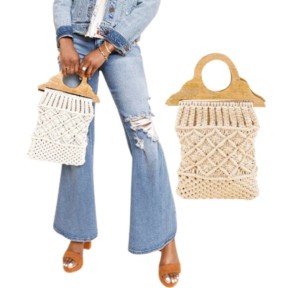 Anthropologie Handbags - NEW Macrame Knit Boho Tote Wooden Handle Crochet Handbag